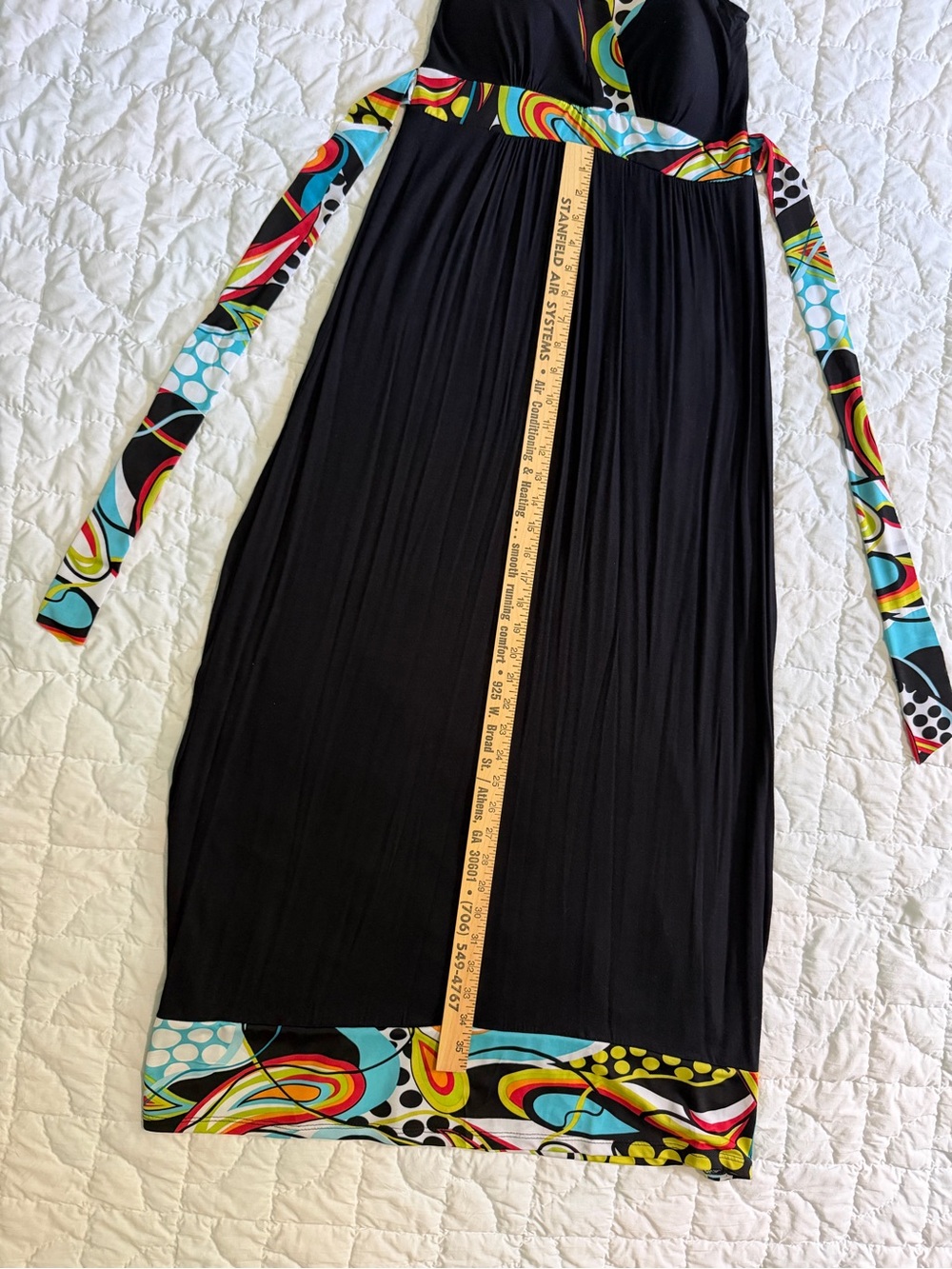 Women’s Black Maxi Dress with Colorful Abstract Trim - Picture 3 of 6